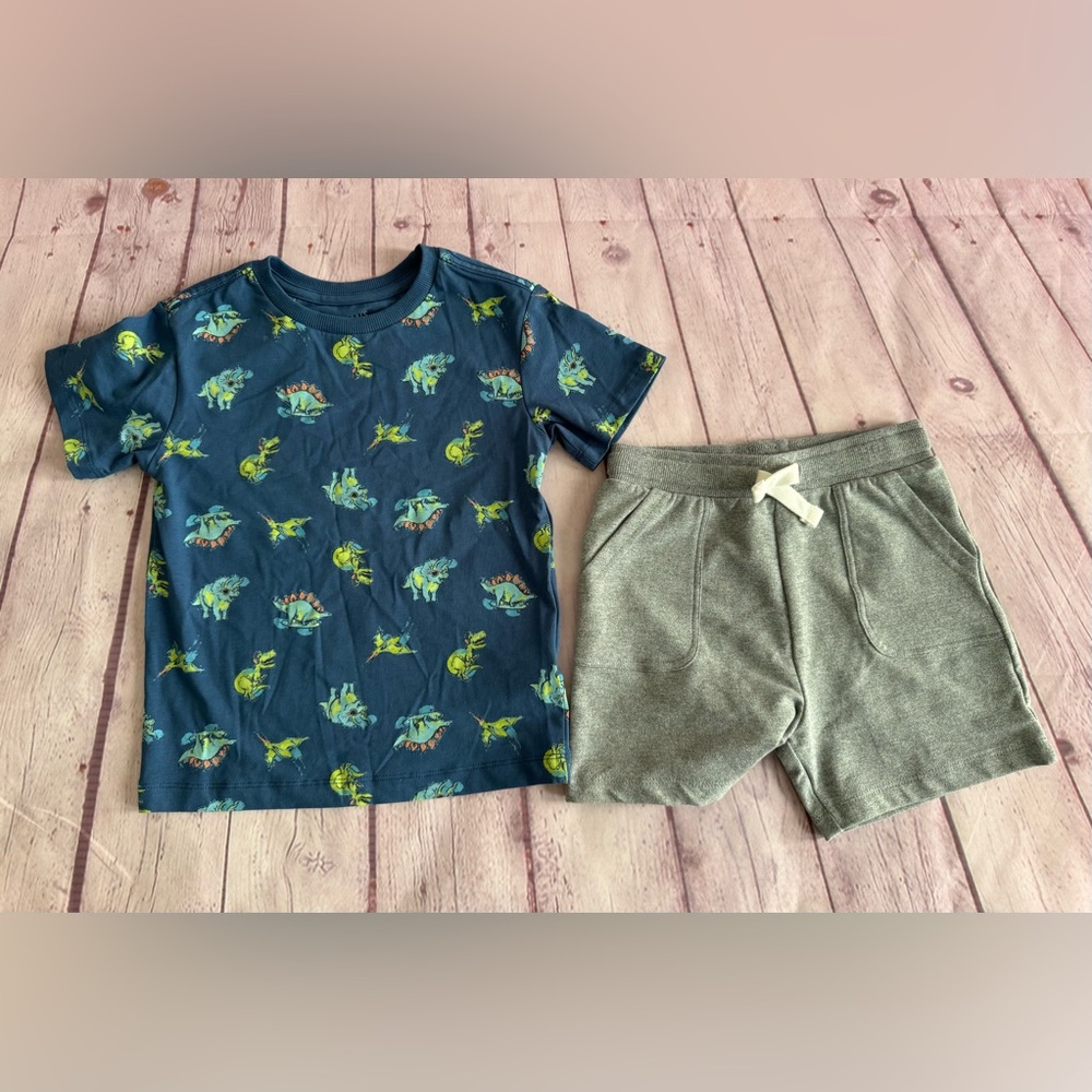 Flapdoodles Blue dinosaur print t-shirt paired with comfy gray shorts.